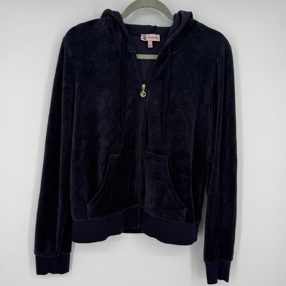 Juicy Couture Velour Full Zip Hoodie Navy Blue Track Jacket Classic 2000s Y2K